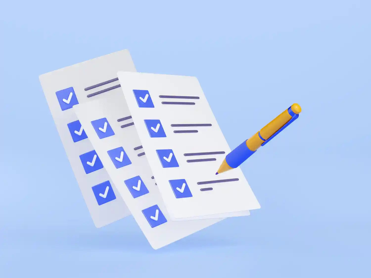 Ilustración de formulario tipo test con lápiz sobre fondo azul.